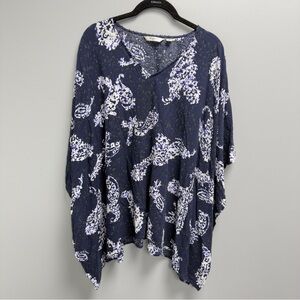 Liz Claiborne Batwing Blouse Women L Blue Paisley Boho Kaftan Tunic Top